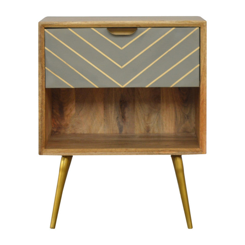 Sleek Solid Wood And Brass Inlay Bedside with Open Slot