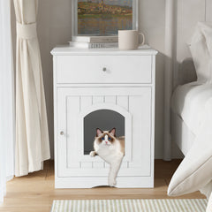 Multi-Function Wooden Cat Litter Box Cabinet with Storage Drawer